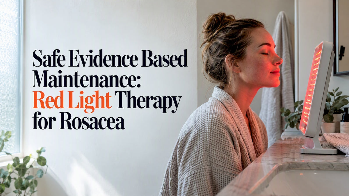 Woman using red light therapy on facial skin