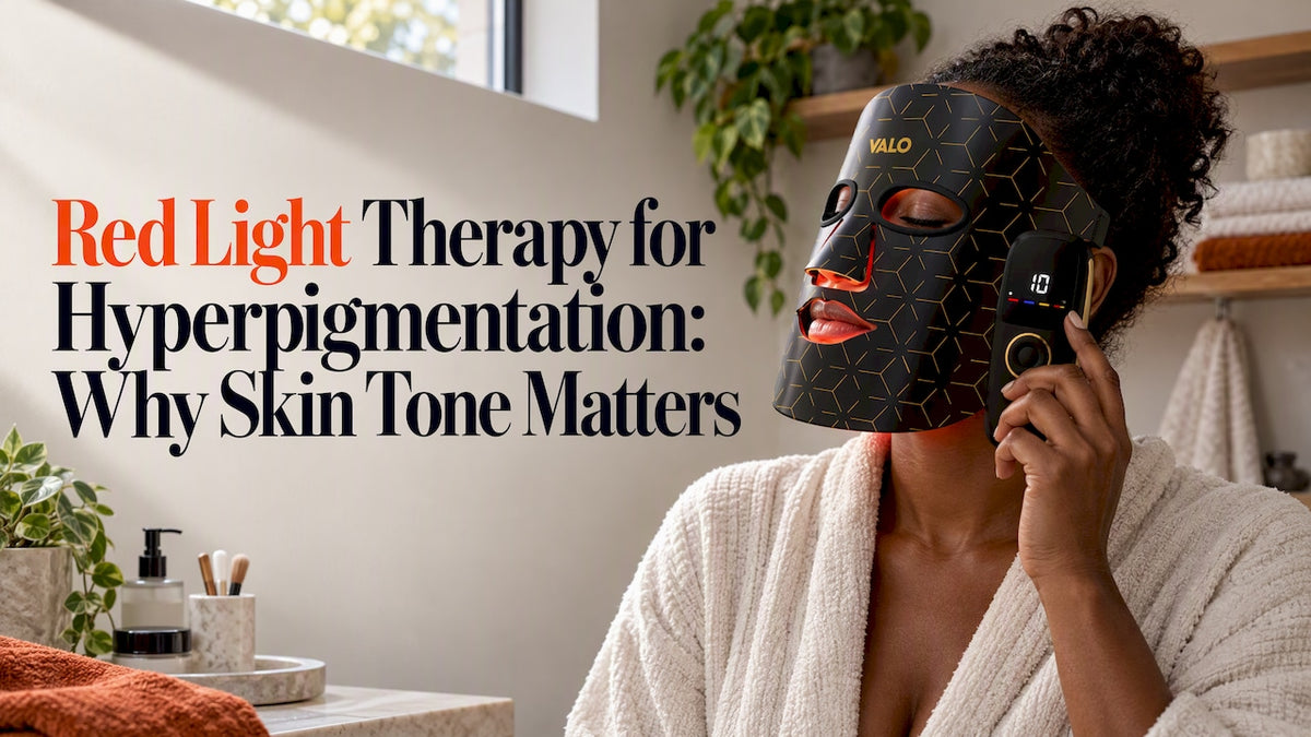 Woman wearing a red light therapy face mask