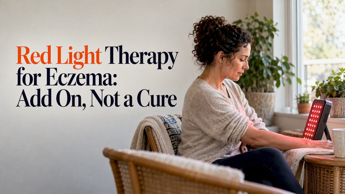 Woman using red light therapy on her forearm